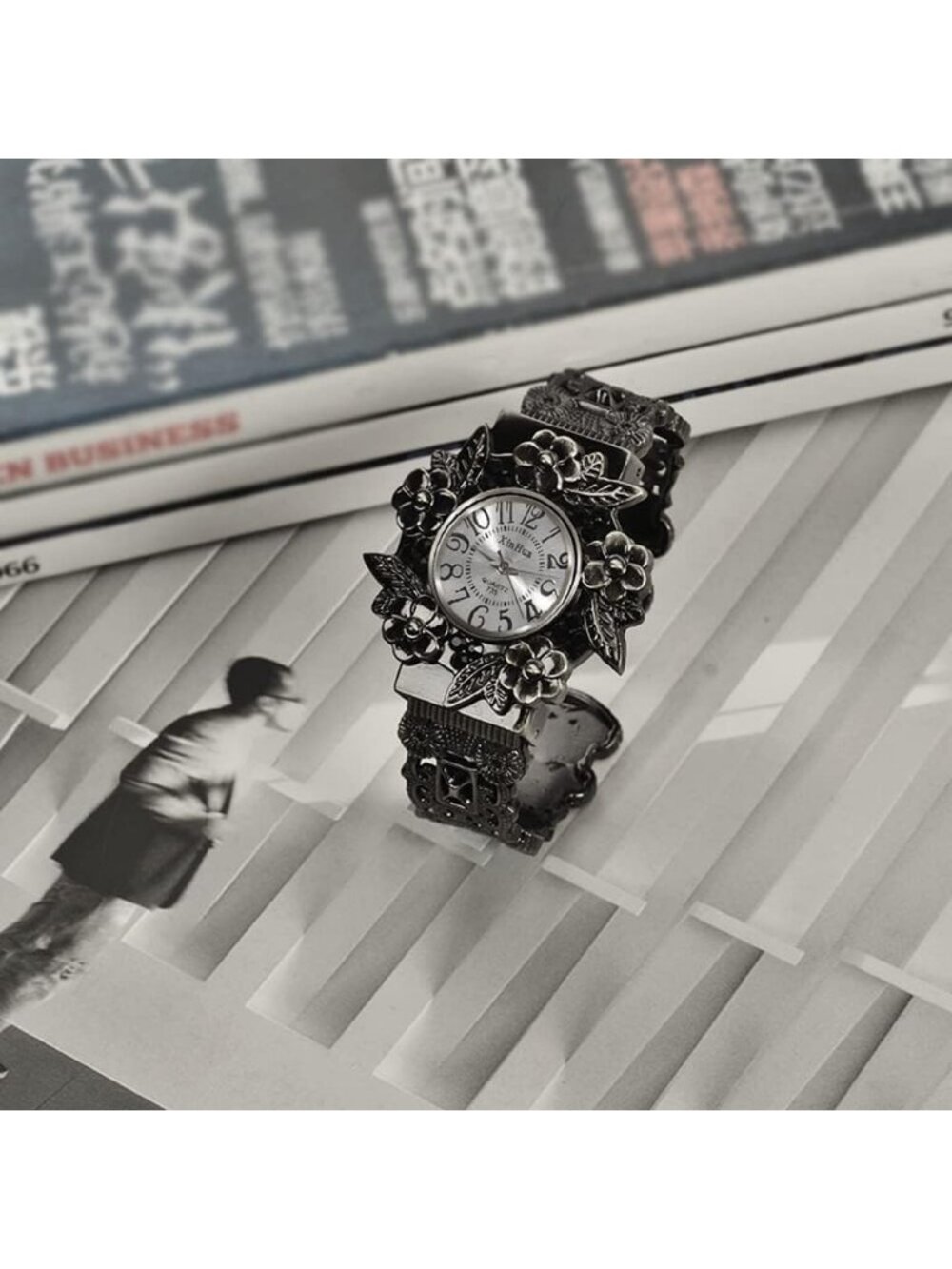 Women's Black Vintage Cuff Bangle Carved Flowers Analog Quartz Wrist Watch - Picture 2 of 7